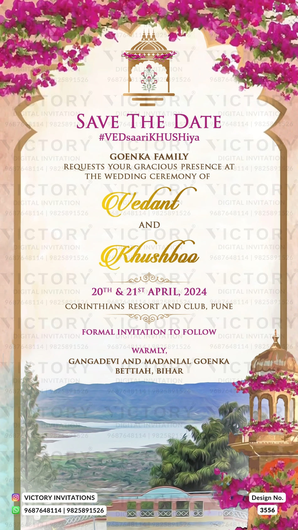 Save the Date card in english language with arch as traditional theme design 3556