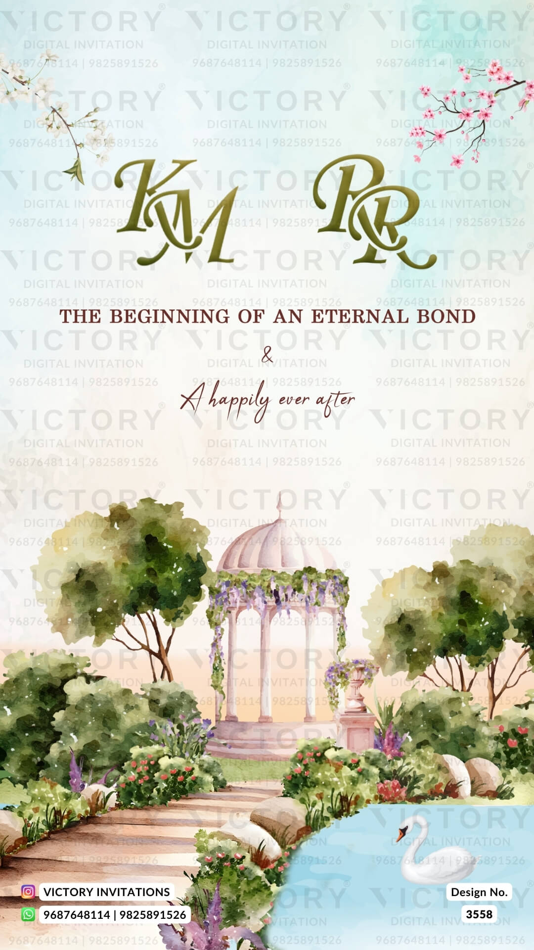 Reception Party invitation card in english language with couple logo, calendar as garden theme design 3558