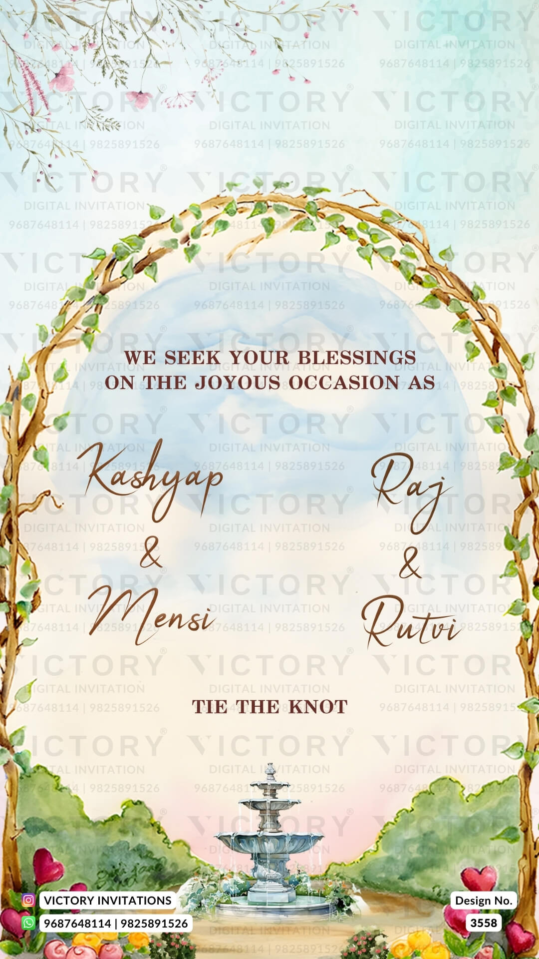 Reception Party invitation card in english language with couple logo, calendar as garden theme design 3558