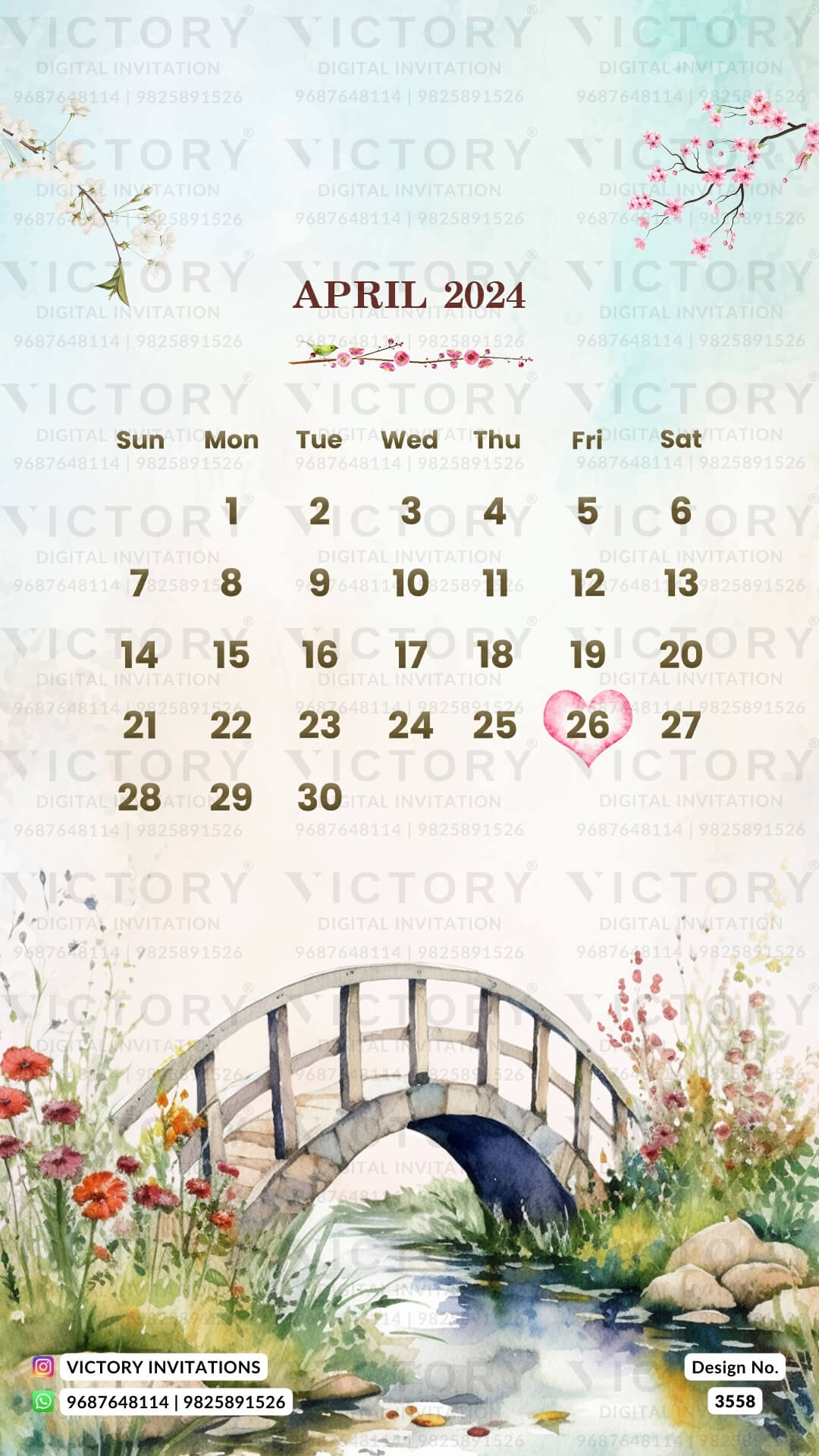 Reception Party invitation card in english language with couple logo, calendar as garden theme design 3558