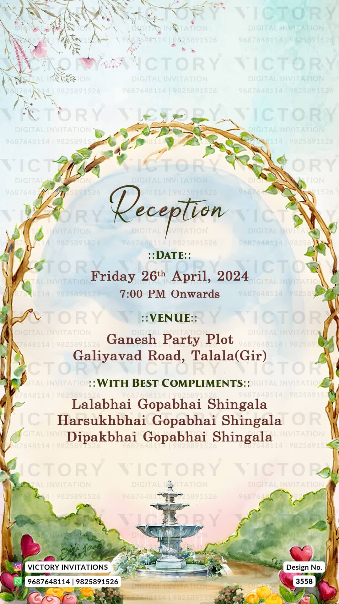 Reception Party invitation card in english language with couple logo, calendar as garden theme design 3558