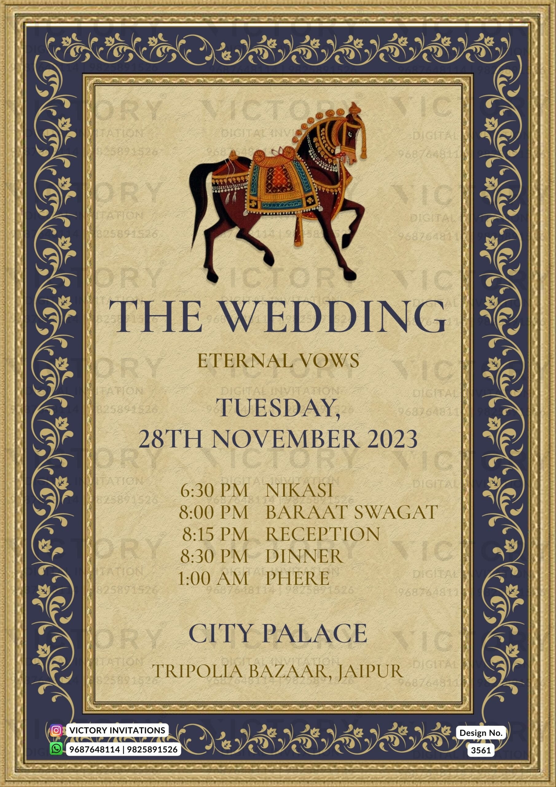 Wedding ceremony invitation card of hindu rajasthani rajput family in English language with Vintage theme design 3561