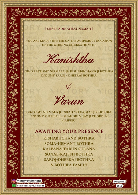 Wedding ceremony invitation card of hindu rajasthani rajput family in English language with Vintage theme design 3561