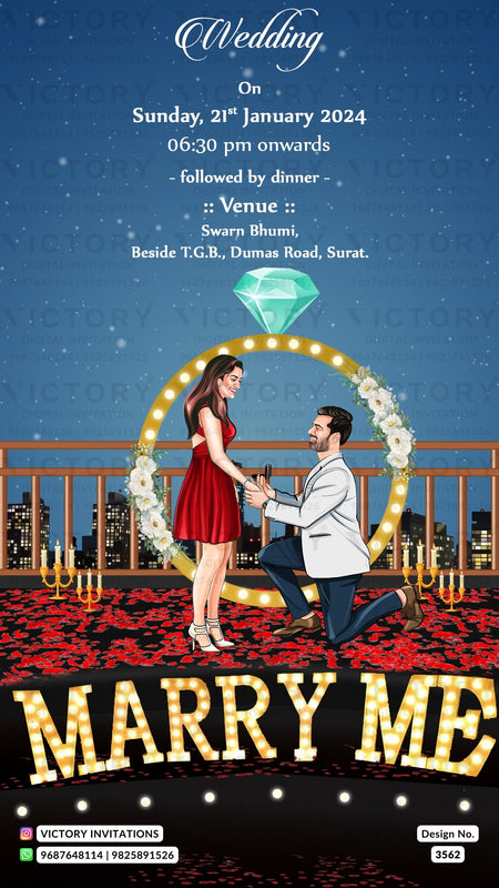 Bollywood couple caricature invitation card for wedding ceremony of gujarati patel family in english language with classic theme design 3562