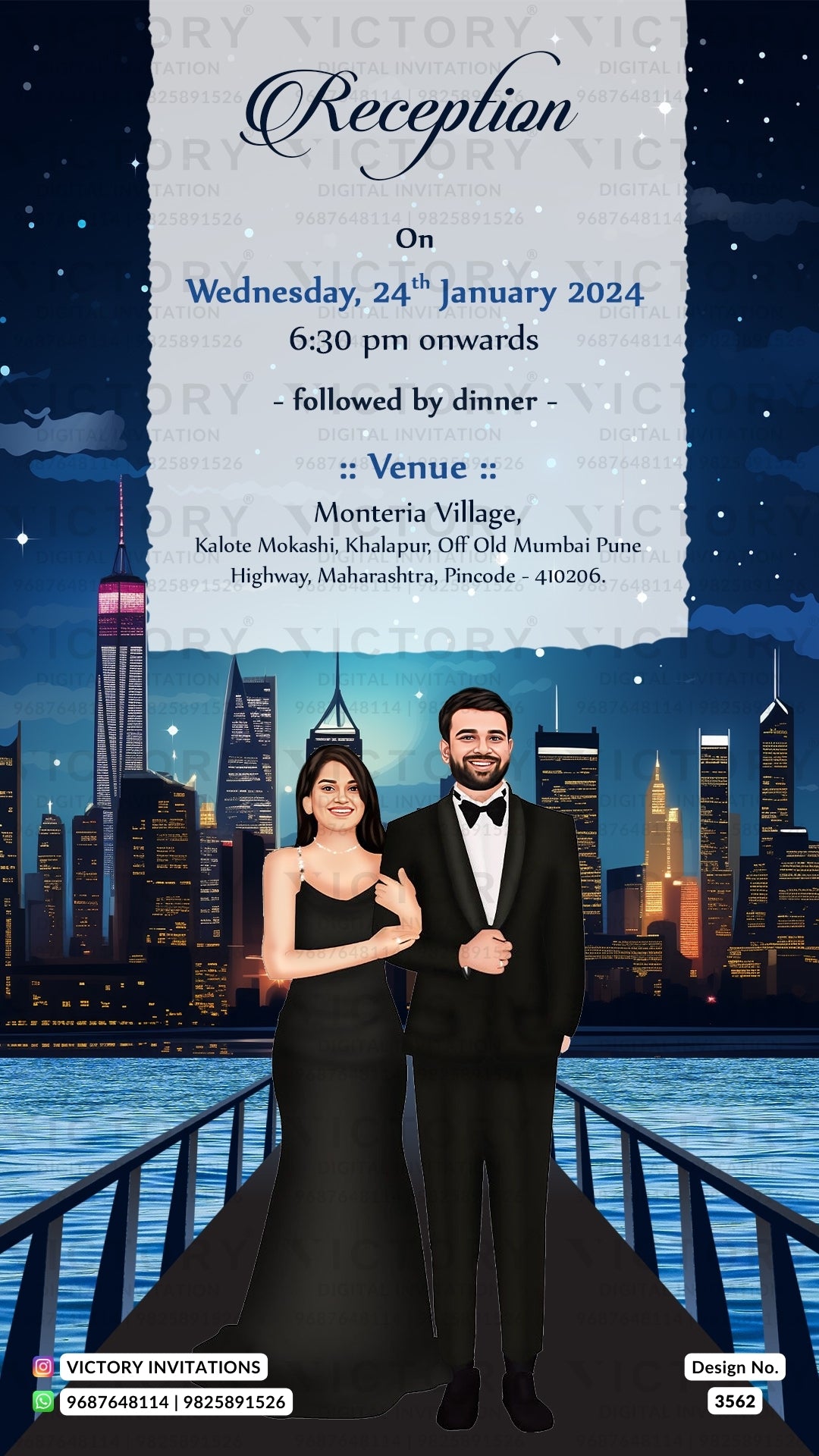Bollywood couple caricature invitation card for wedding ceremony of gujarati patel family in english language with classic theme design 3562