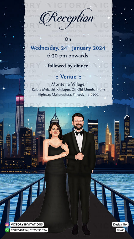 Bollywood couple caricature invitation card for wedding ceremony of gujarati patel family in english language with classic theme design 3562
