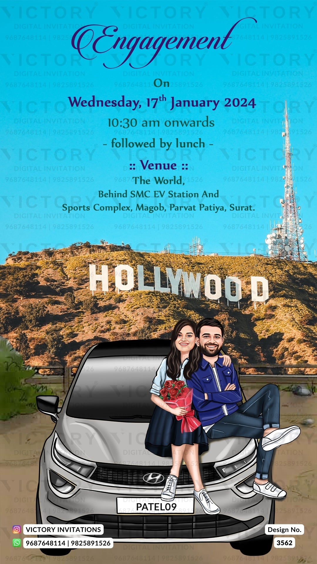 Bollywood couple caricature invitation card for wedding ceremony of gujarati patel family in english language with classic theme design 3562