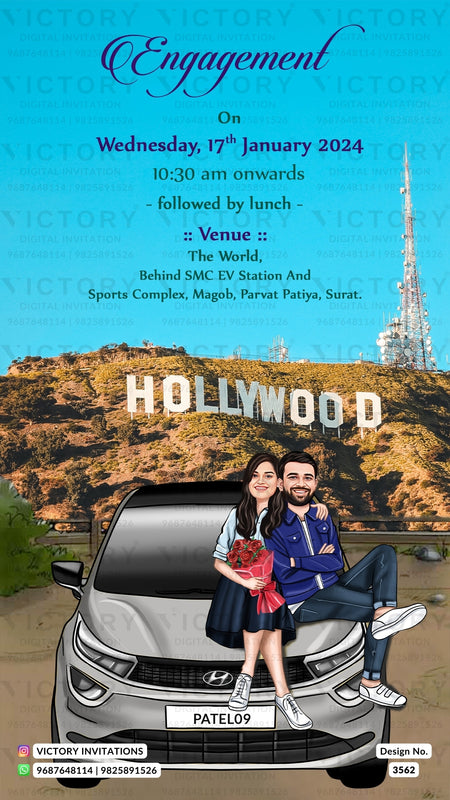 Bollywood couple caricature invitation card for wedding ceremony of gujarati patel family in english language with classic theme design 3562