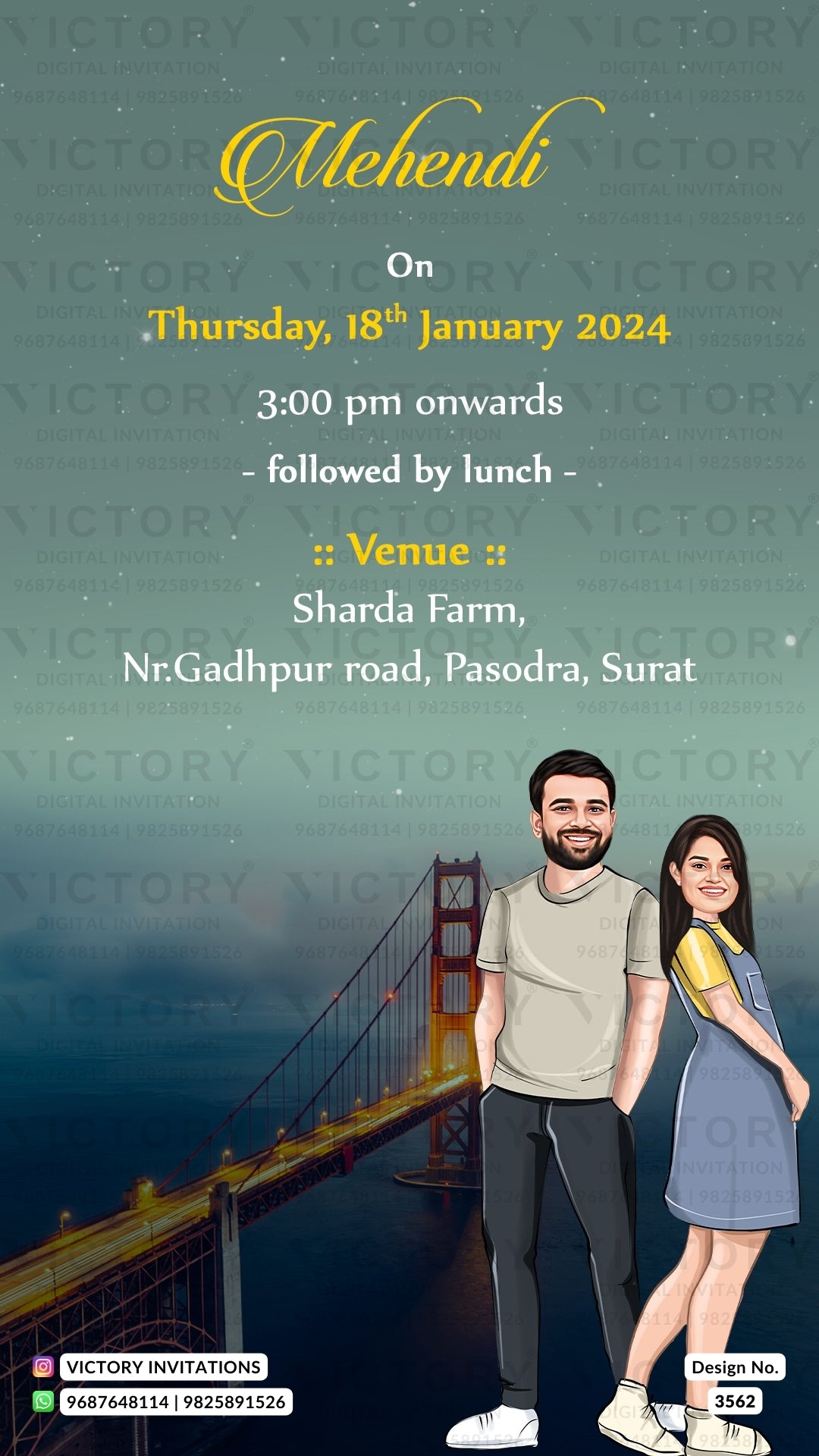 Bollywood couple caricature invitation card for wedding ceremony of gujarati patel family in english language with classic theme design 3562