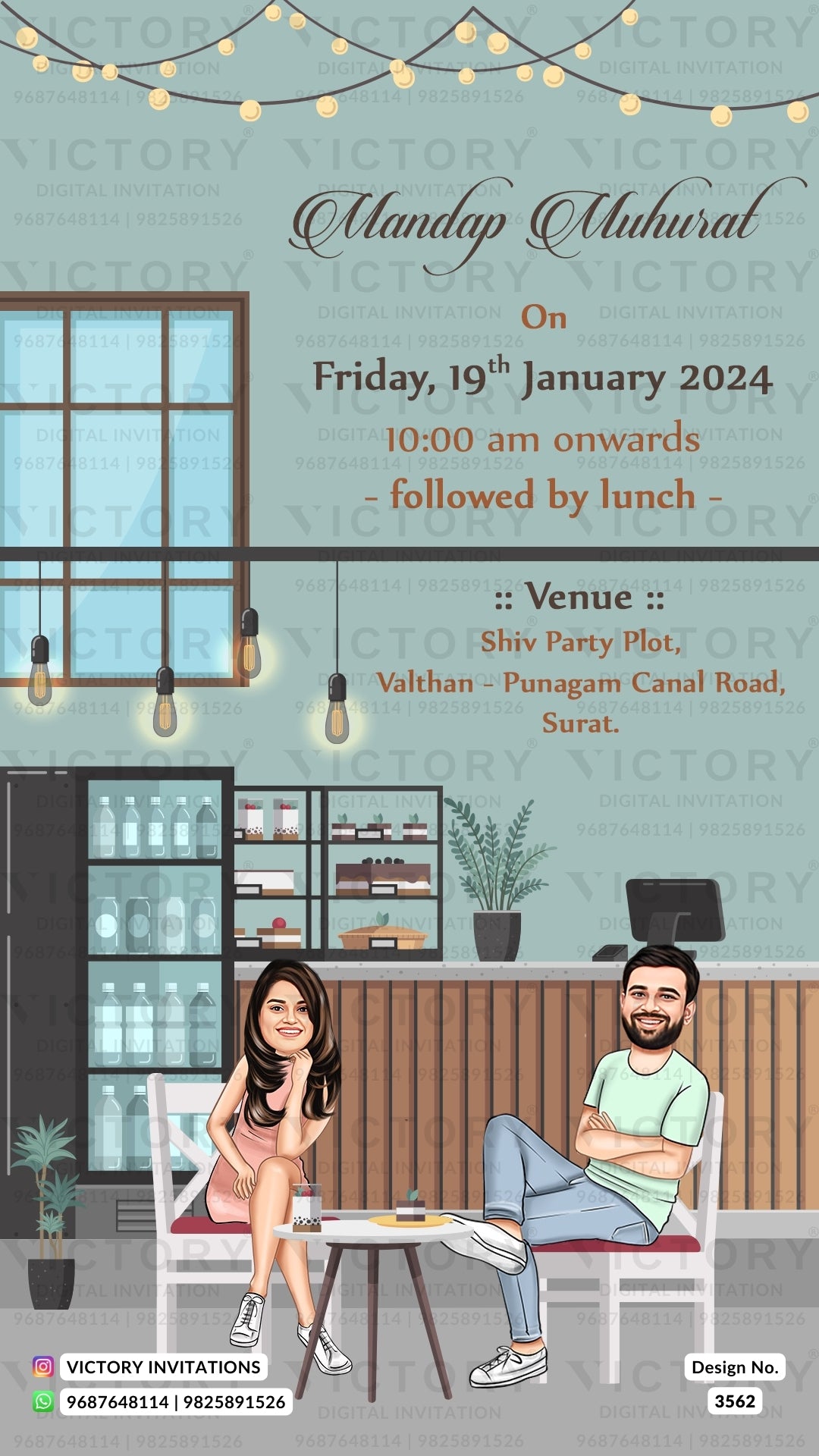Bollywood couple caricature invitation card for wedding ceremony of gujarati patel family in english language with classic theme design 3562