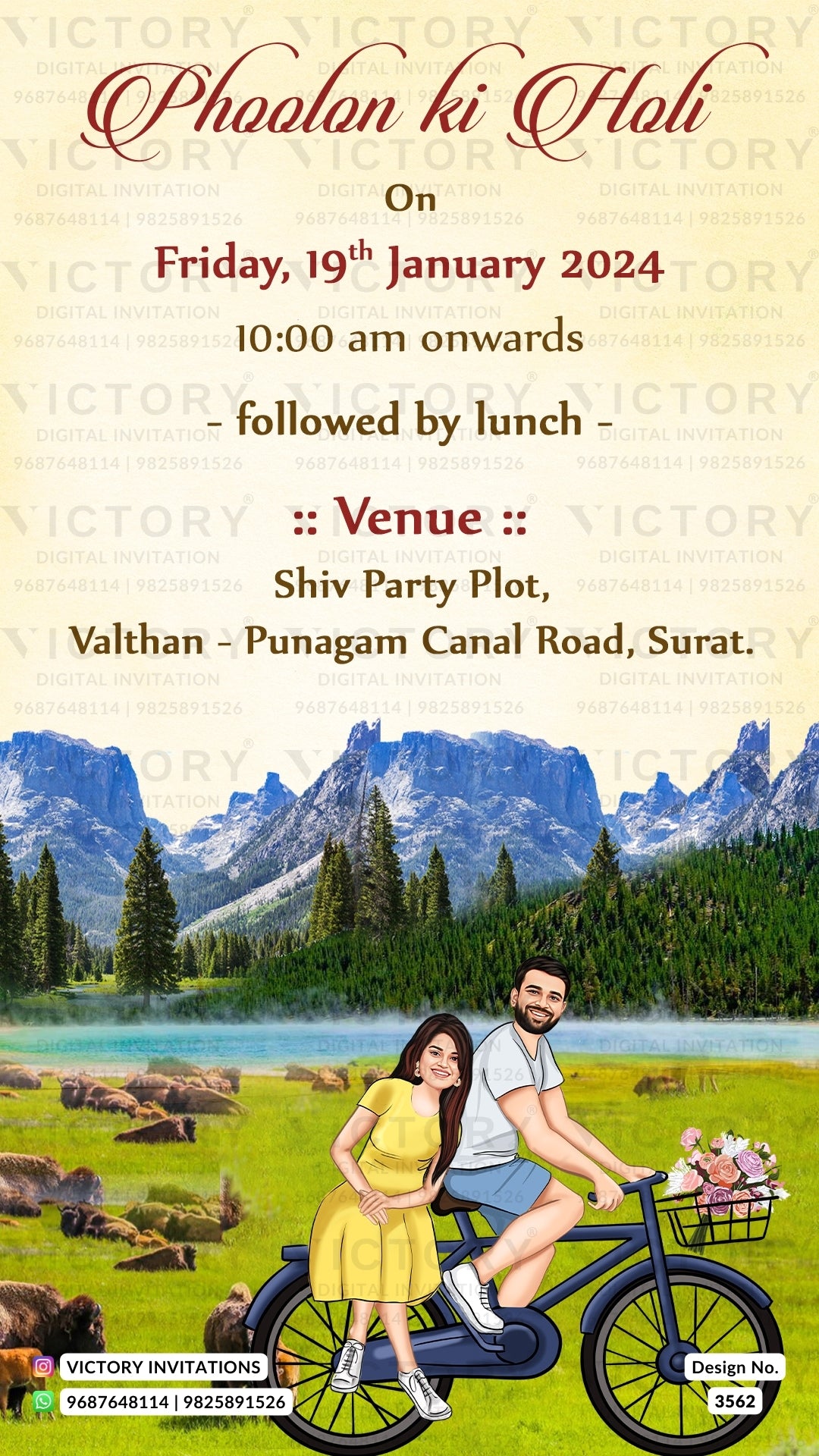 Bollywood couple caricature invitation card for wedding ceremony of gujarati patel family in english language with classic theme design 3562