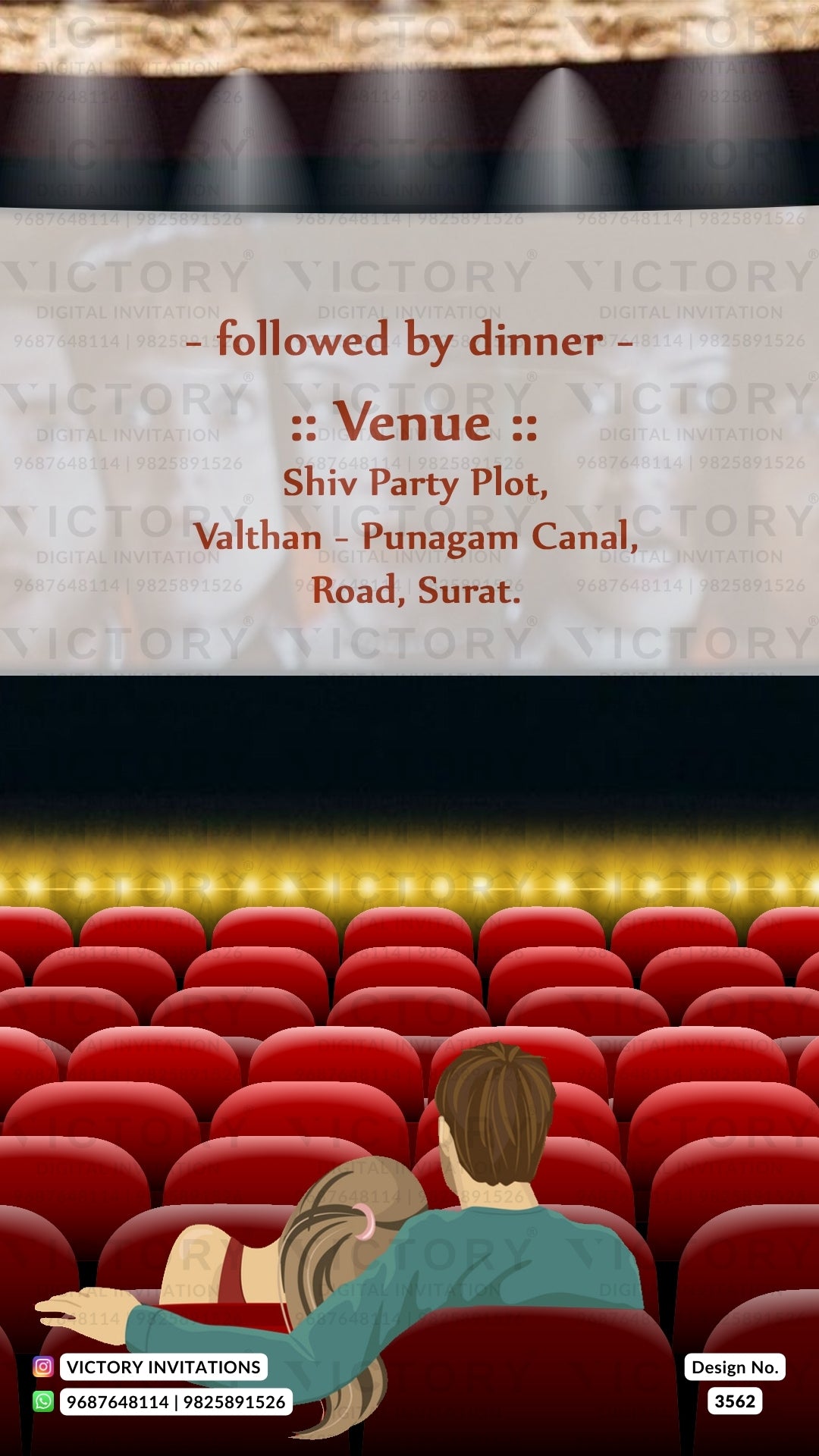 Bollywood couple caricature invitation card for wedding ceremony of gujarati patel family in english language with classic theme design 3562