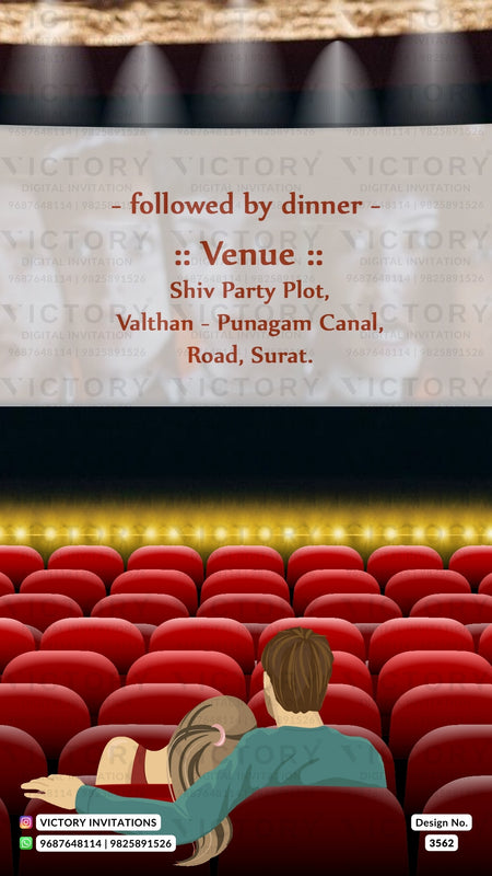 Bollywood couple caricature invitation card for wedding ceremony of gujarati patel family in english language with classic theme design 3562