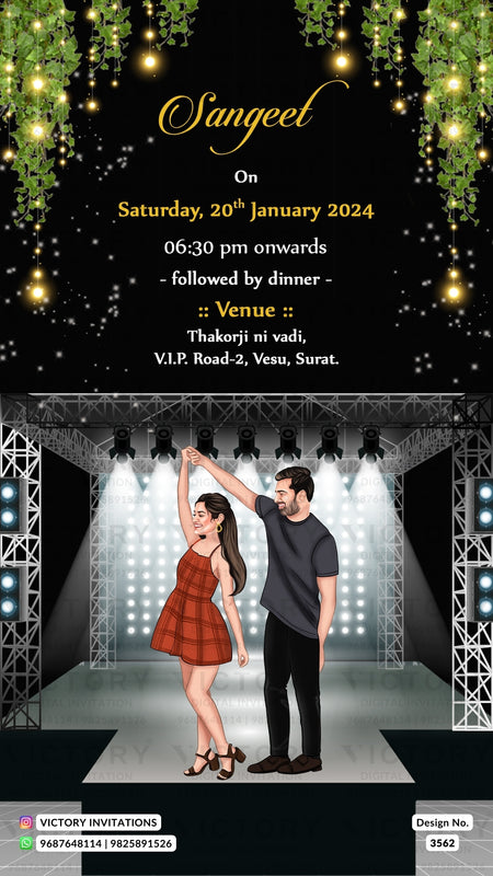 Bollywood couple caricature invitation card for wedding ceremony of gujarati patel family in english language with classic theme design 3562