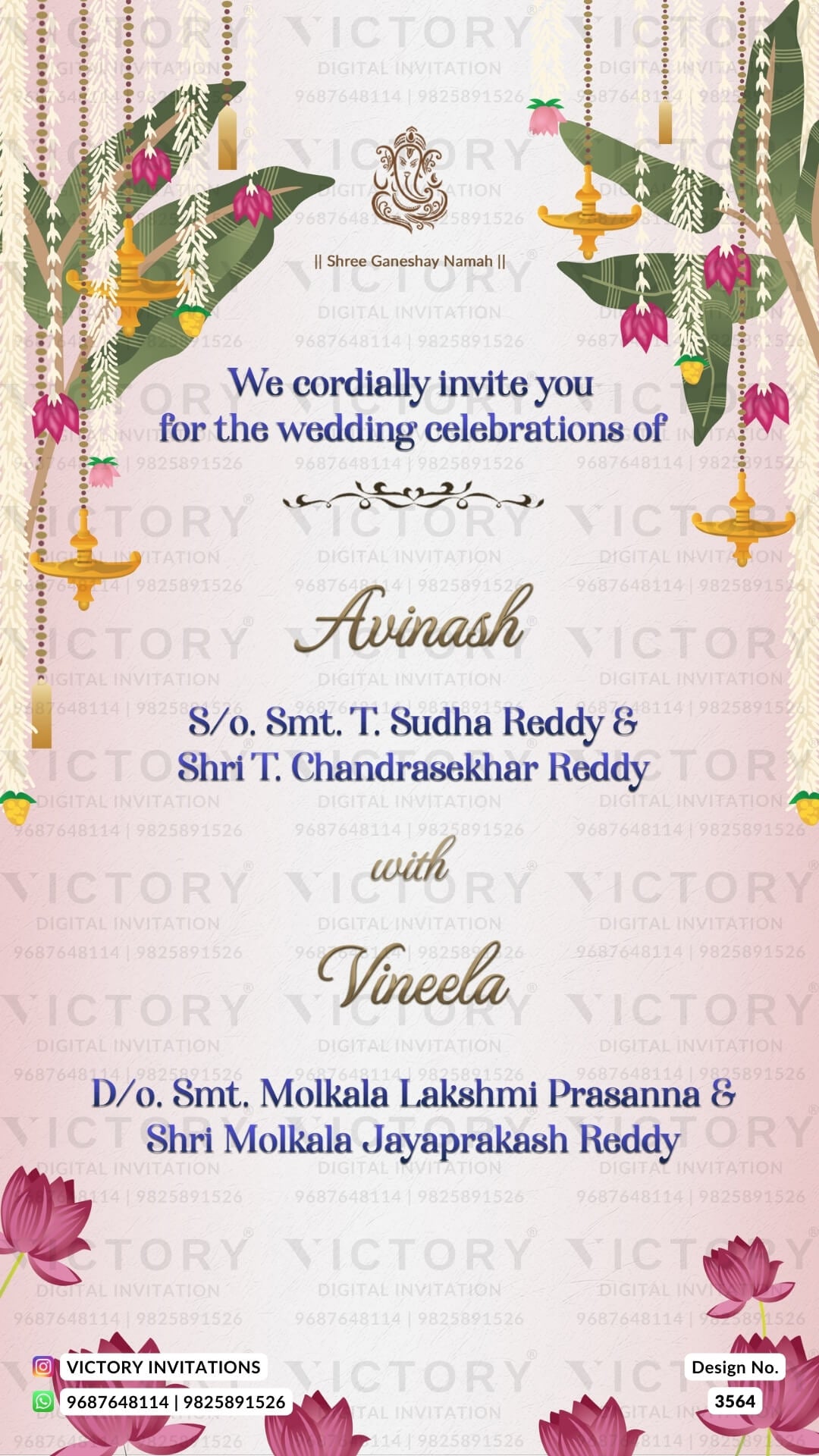 Wedding ceremony invitation card of hindu south indian kannada family in English language with Modern theme design 3564