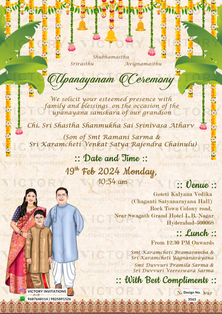 Young boy caricature invitation card for Upanayanam ceremony in english language with traditional theme design 3565