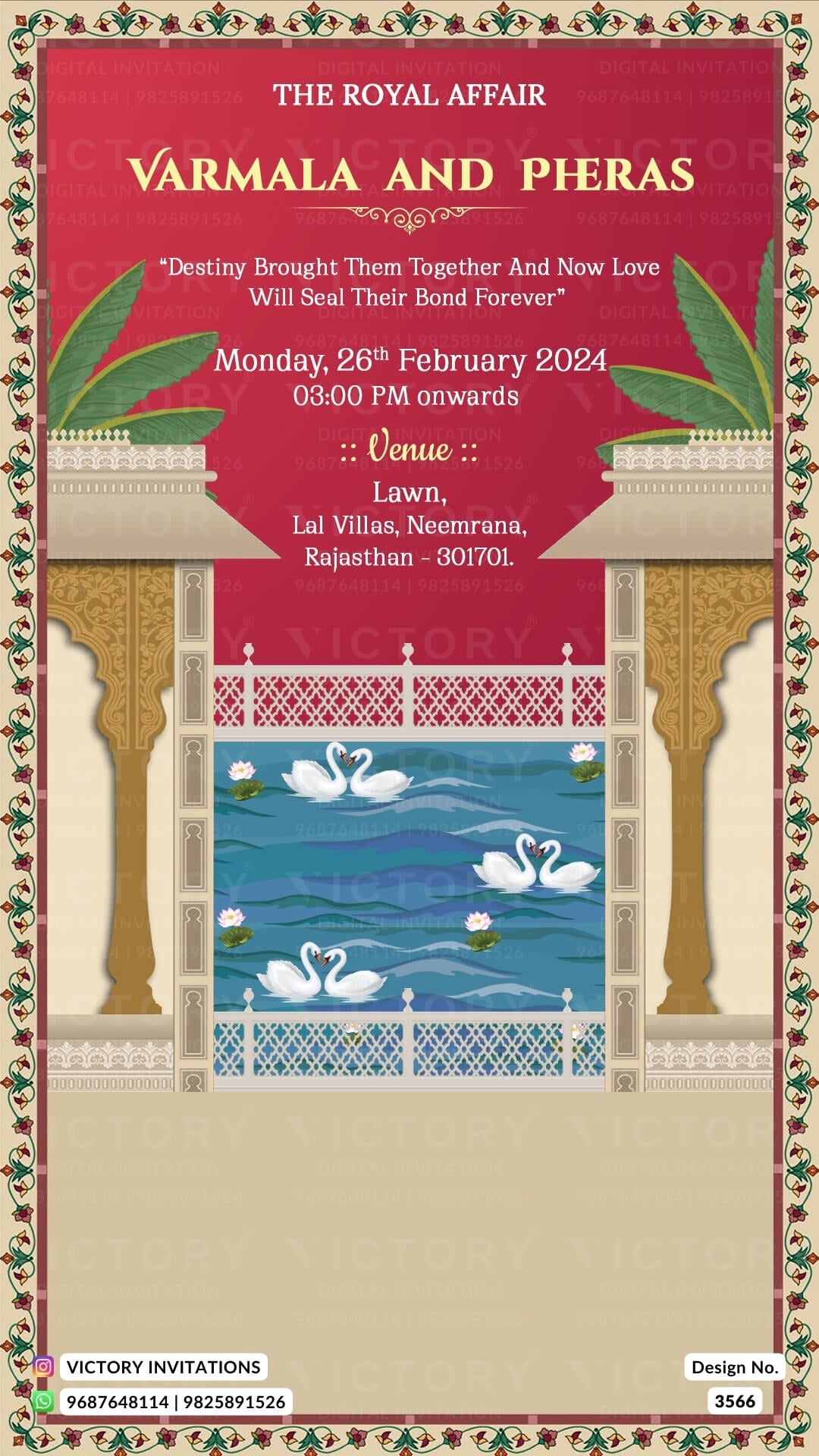 Wedding ceremony invitation card of hindu rajasthani royal family in English language with Traditional theme design 3566