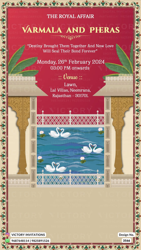 Wedding ceremony invitation card of hindu rajasthani royal family in English language with Traditional theme design 3566