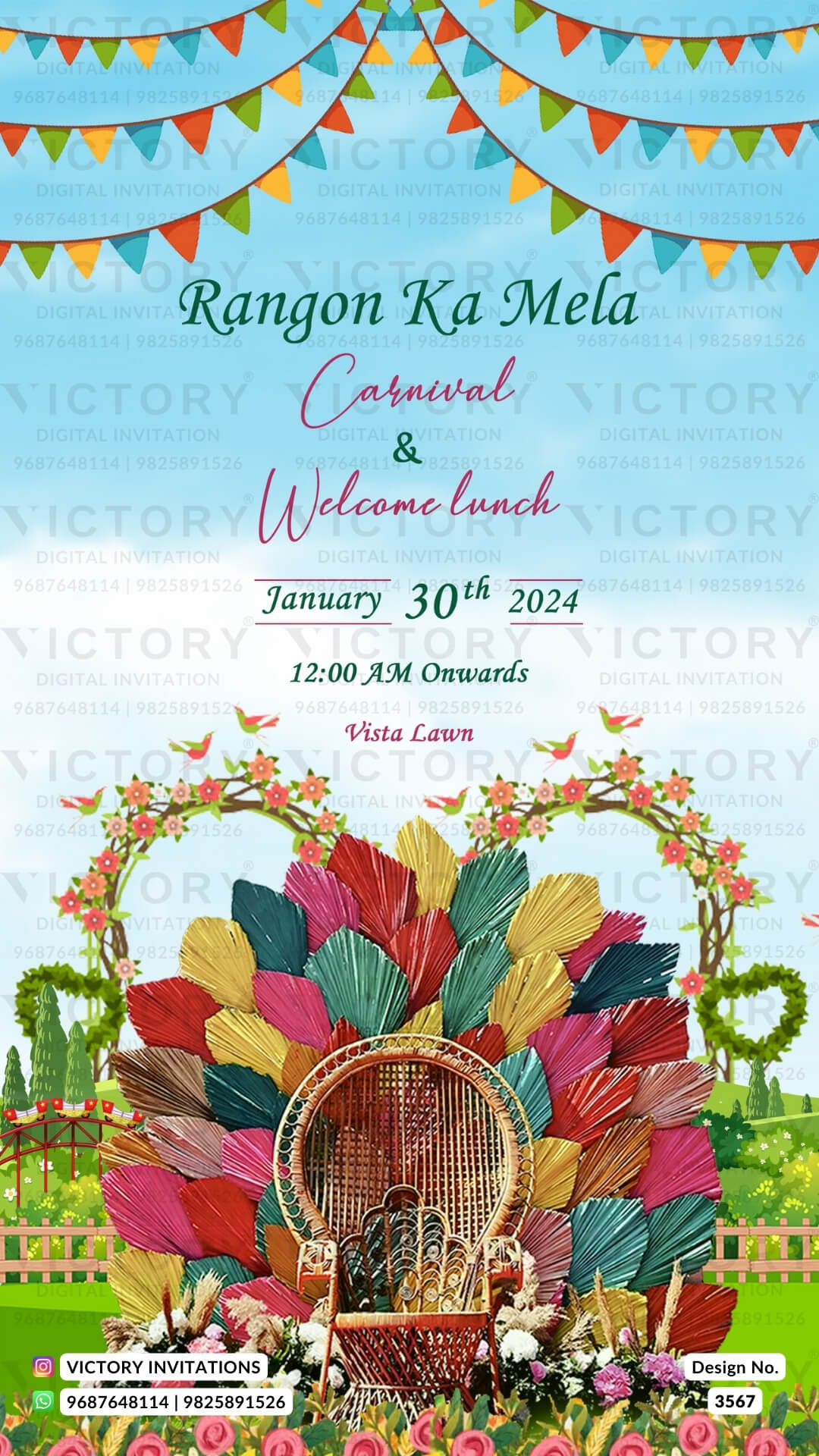 Wedding ceremony invitation card of hindu north indian family in English language with destination theme design 3567