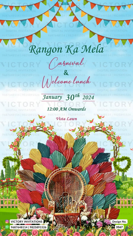 Wedding ceremony invitation card of hindu north indian family in English language with destination theme design 3567
