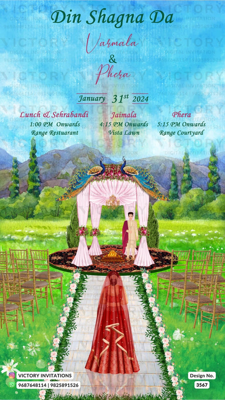 Wedding ceremony invitation card of hindu north indian family in English language with destination theme design 3567