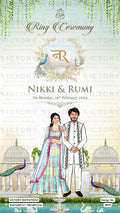 Adorable couple caricature invitation card for Engagement ceremony in english language with peacock, elephants as traditional theme design 3573