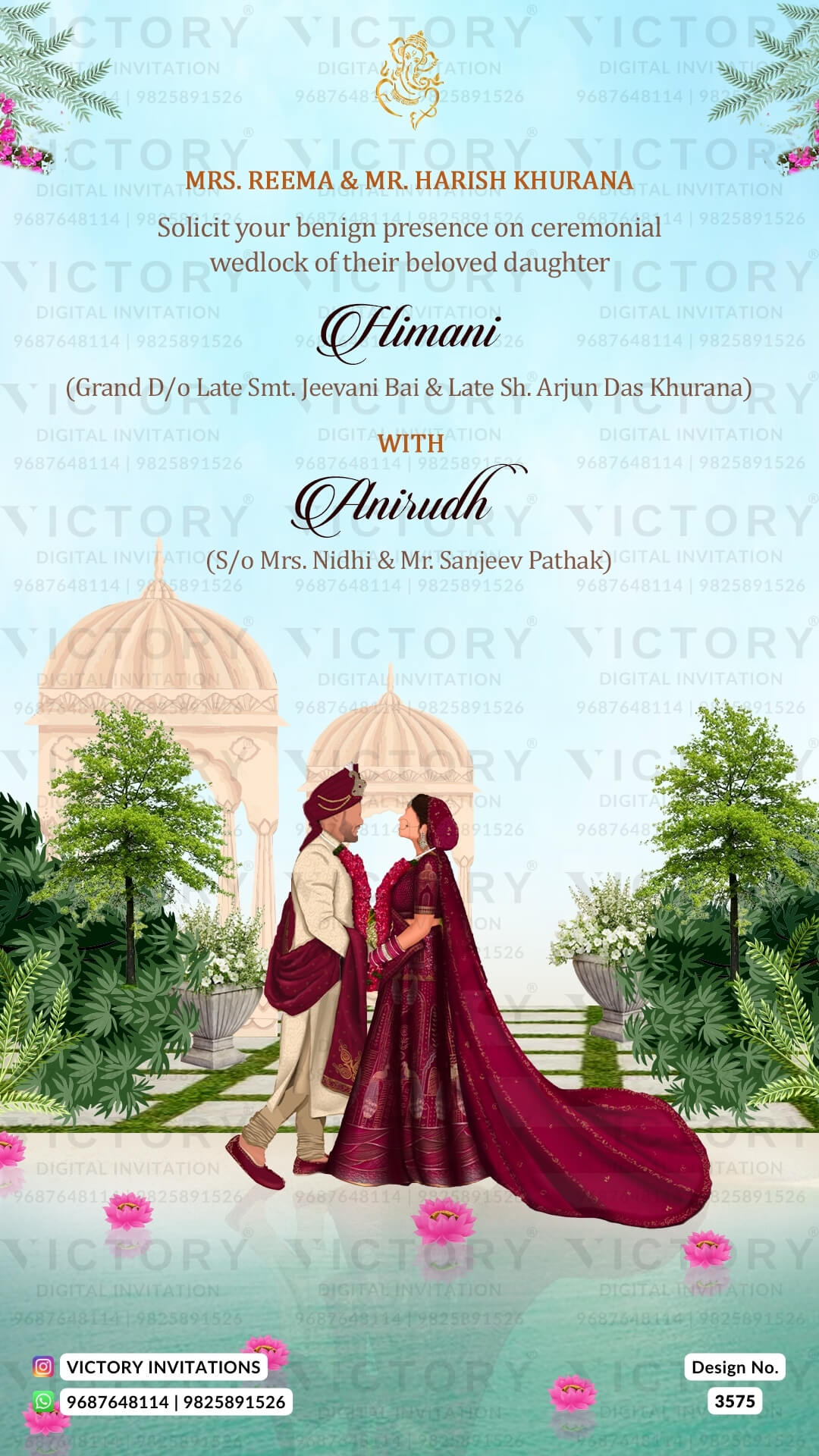 Wedding ceremony invitation card of hindu punjabi haryanvi family in English language with Garden theme design 3575