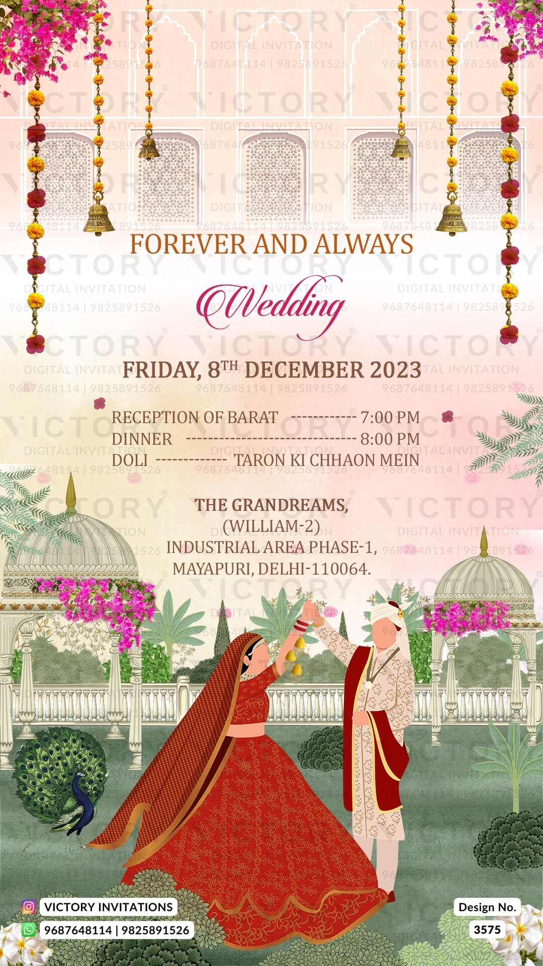Wedding ceremony invitation card of hindu punjabi haryanvi family in English language with Garden theme design 3575