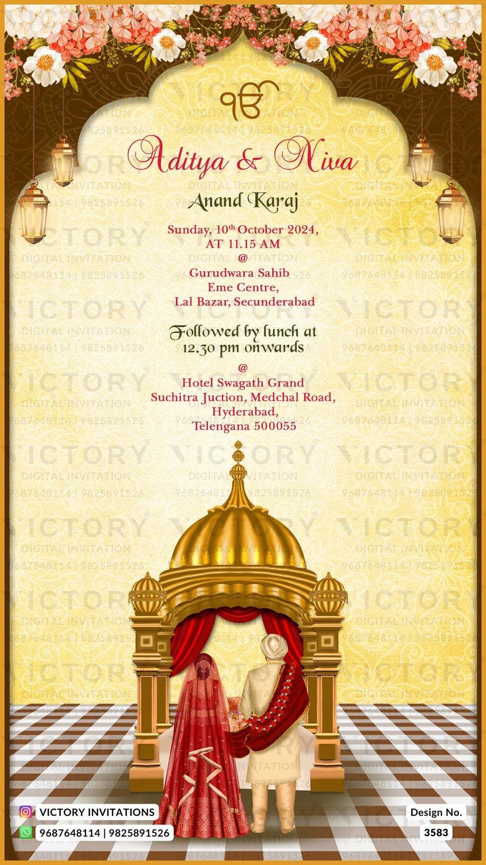 Arangetram Ceremony invitation card in english language with punjabi couple doodle as flowers as traditional theme design 3583