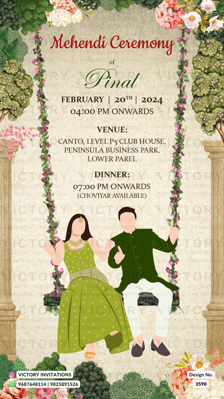 Mehendi ceremony invitation card in english language with swing, couple doodle, flowers as garden theme design 3590