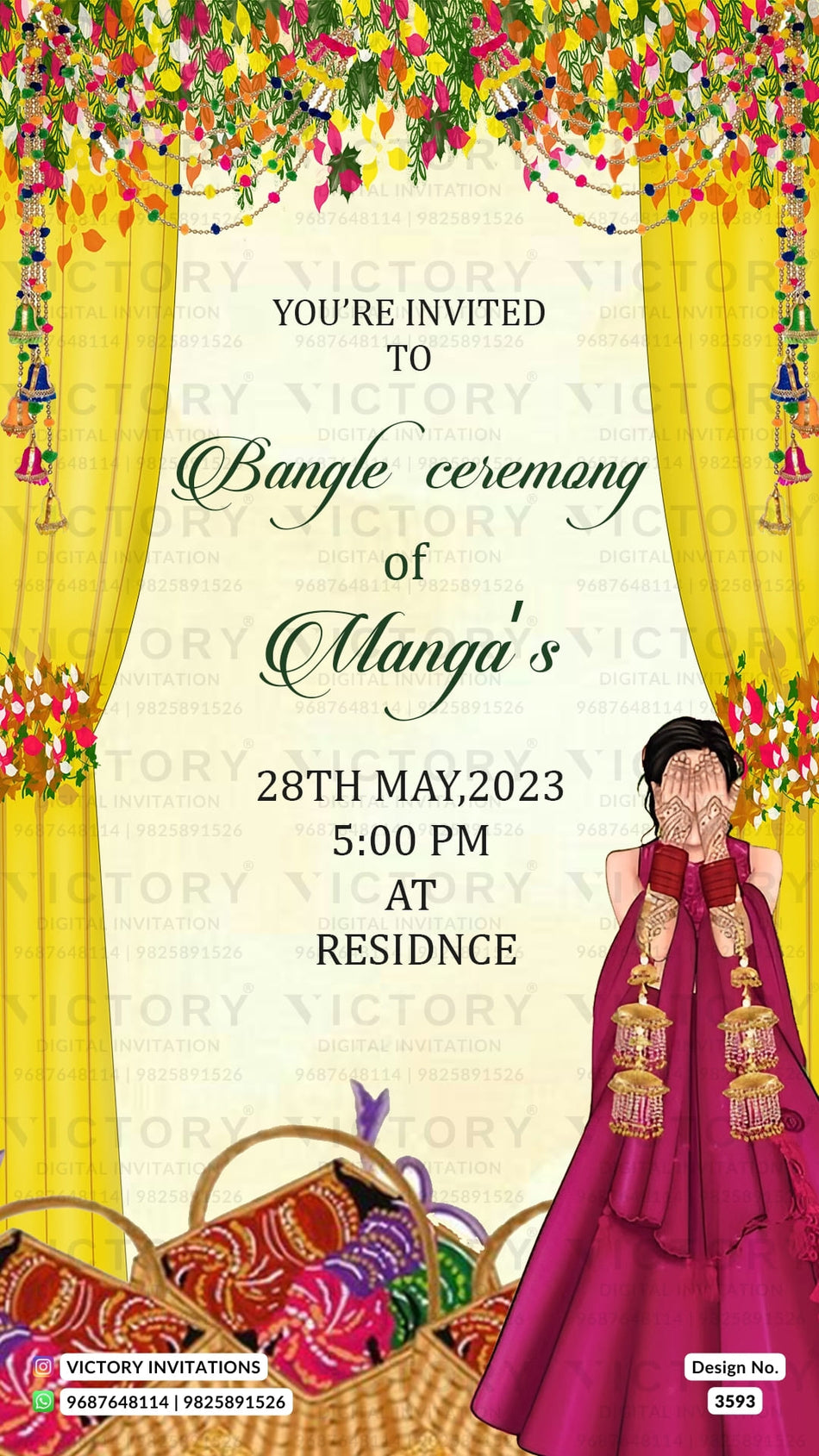Bangle ceremony invitation card in english language with flowers, bangle as curtain theme design 3593