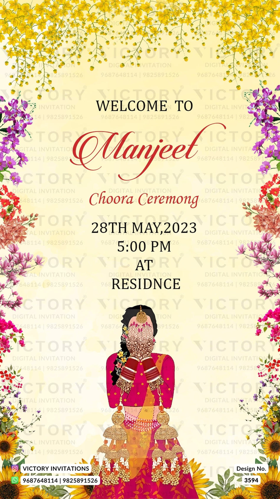 Choora ceremony invitation card in english language with girl doodle as floral theme design 3594