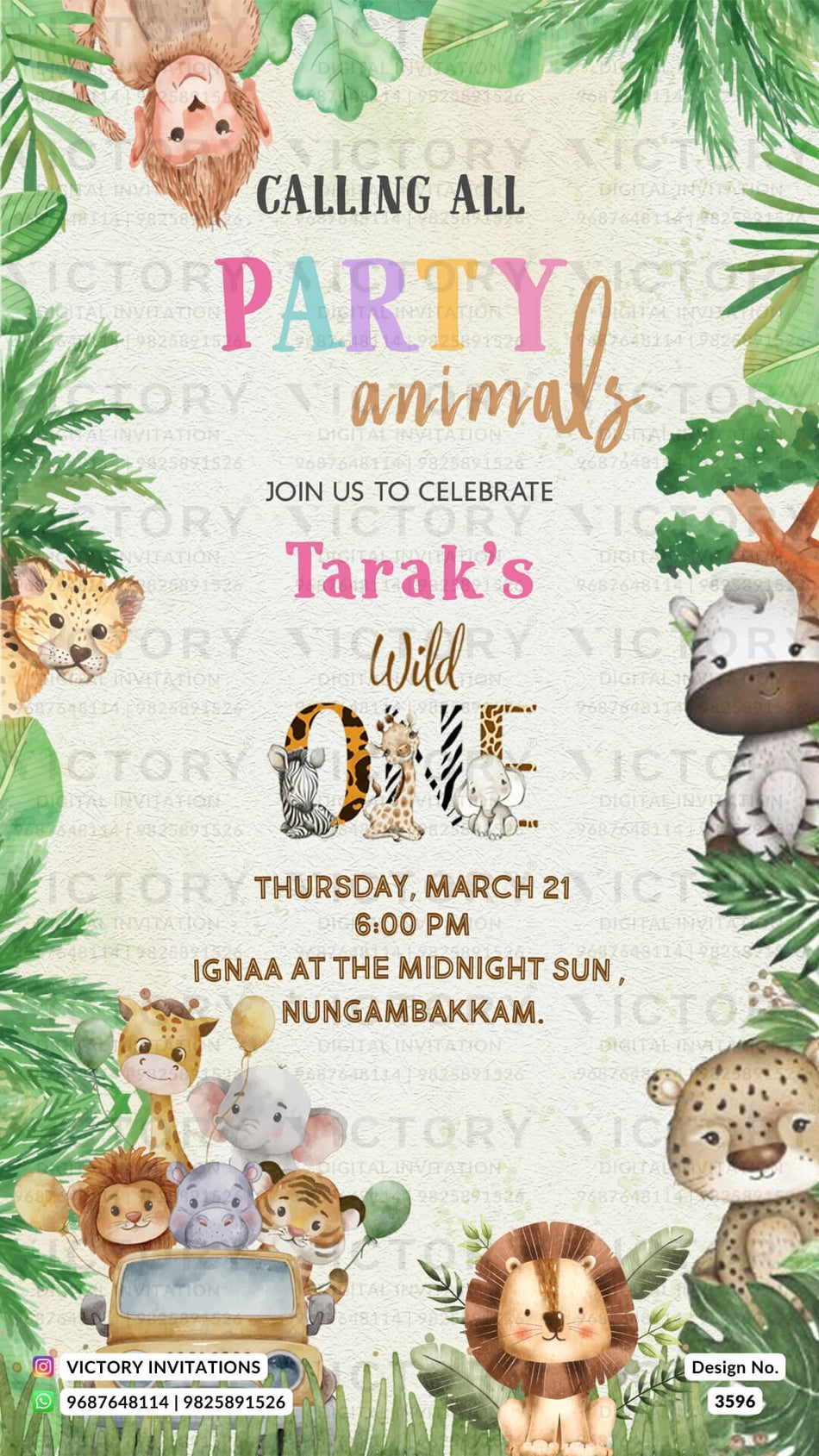 Birthday party invitation card in English language with animal as jungle theme design 3596