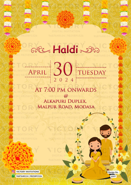 Haldi ceremony invitation card in english language with haldi couple doodle, flowers as traditional theme design 3597
