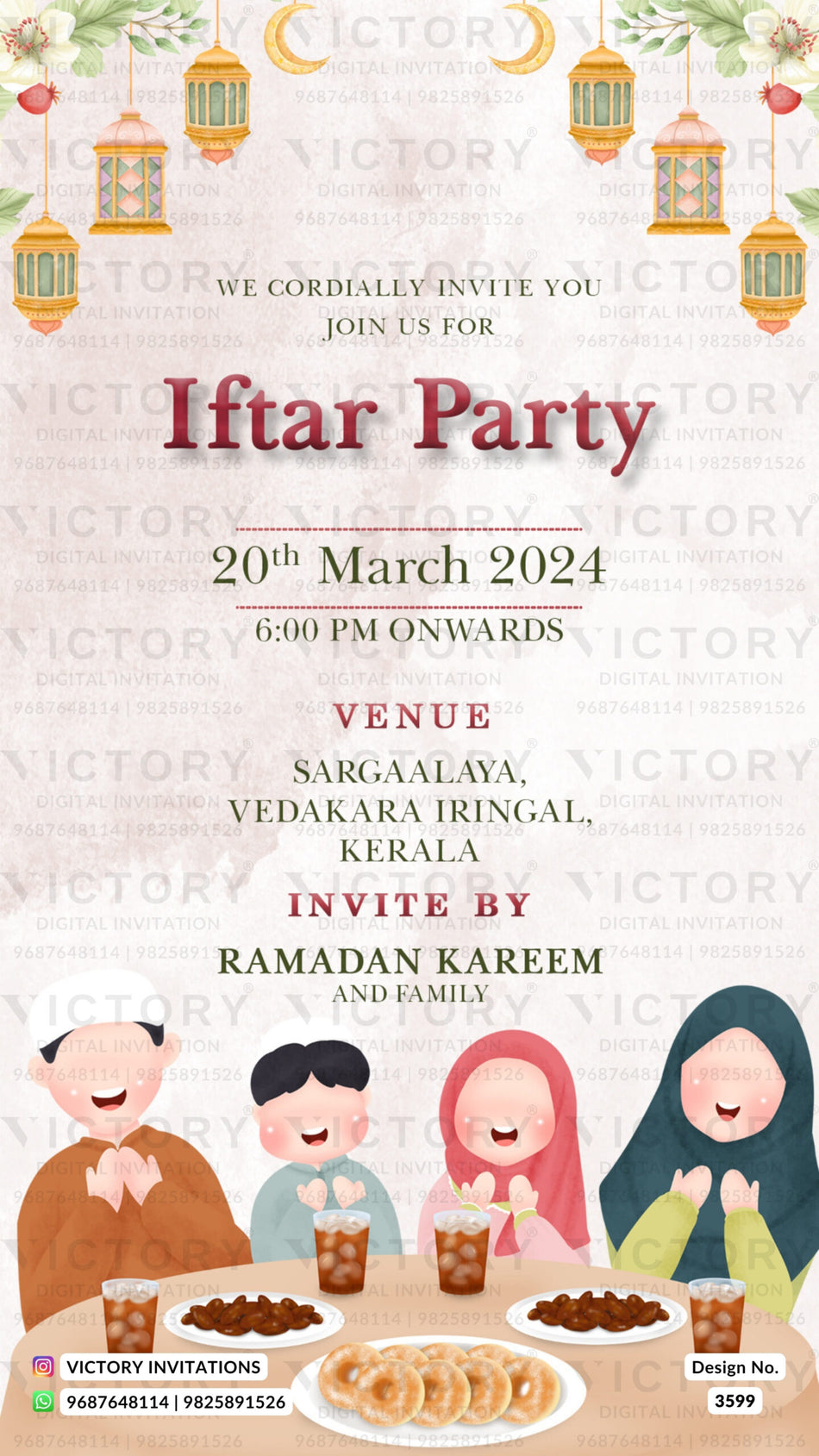 Iftar Party invitation card in english language with lantern, muslim family doodle as minimalistic theme design 3599