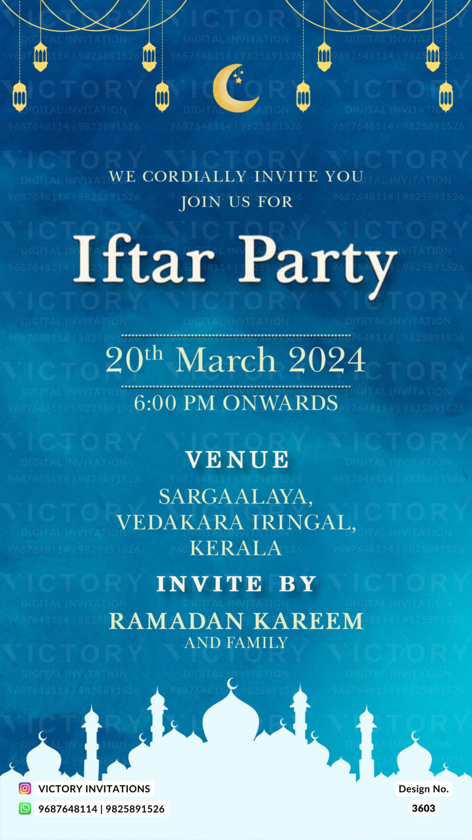 Iftar Party invitation card in english language with moon, lantern as Masjid theme design 3603