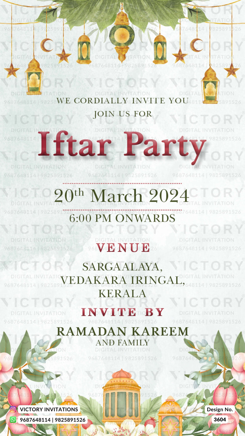 Iftar Party invitation card in english language with flowers, leaves as floral theme design 3604