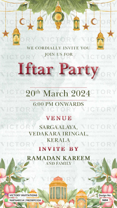 Iftar Party invitation card in english language with flowers, leaves as floral theme design 3604