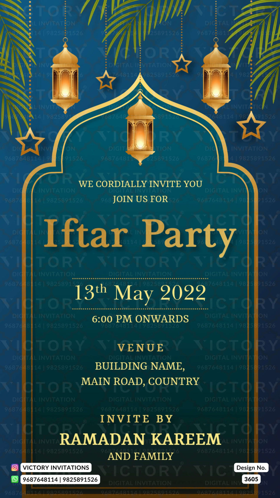 Iftar Party invitation card in english language with lantern, leaves as arch frame theme design 3605