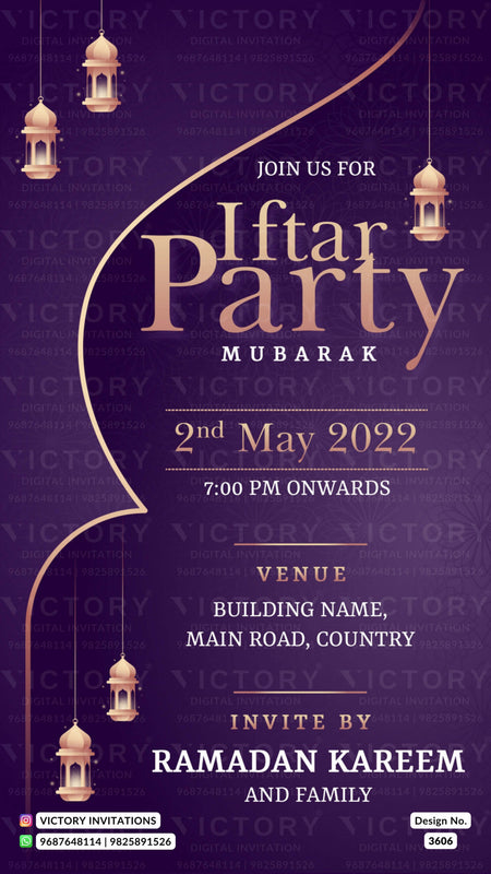 Iftar Party invitation card in english language with lantern as minimalistic theme design 3606