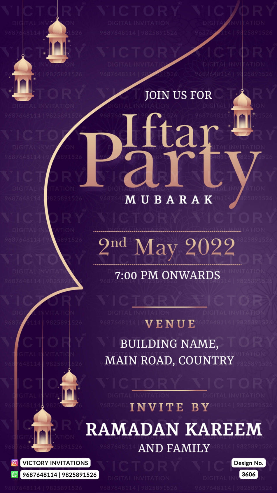 Iftar Party invitation card in english language with lantern as minimalistic theme design 3606
