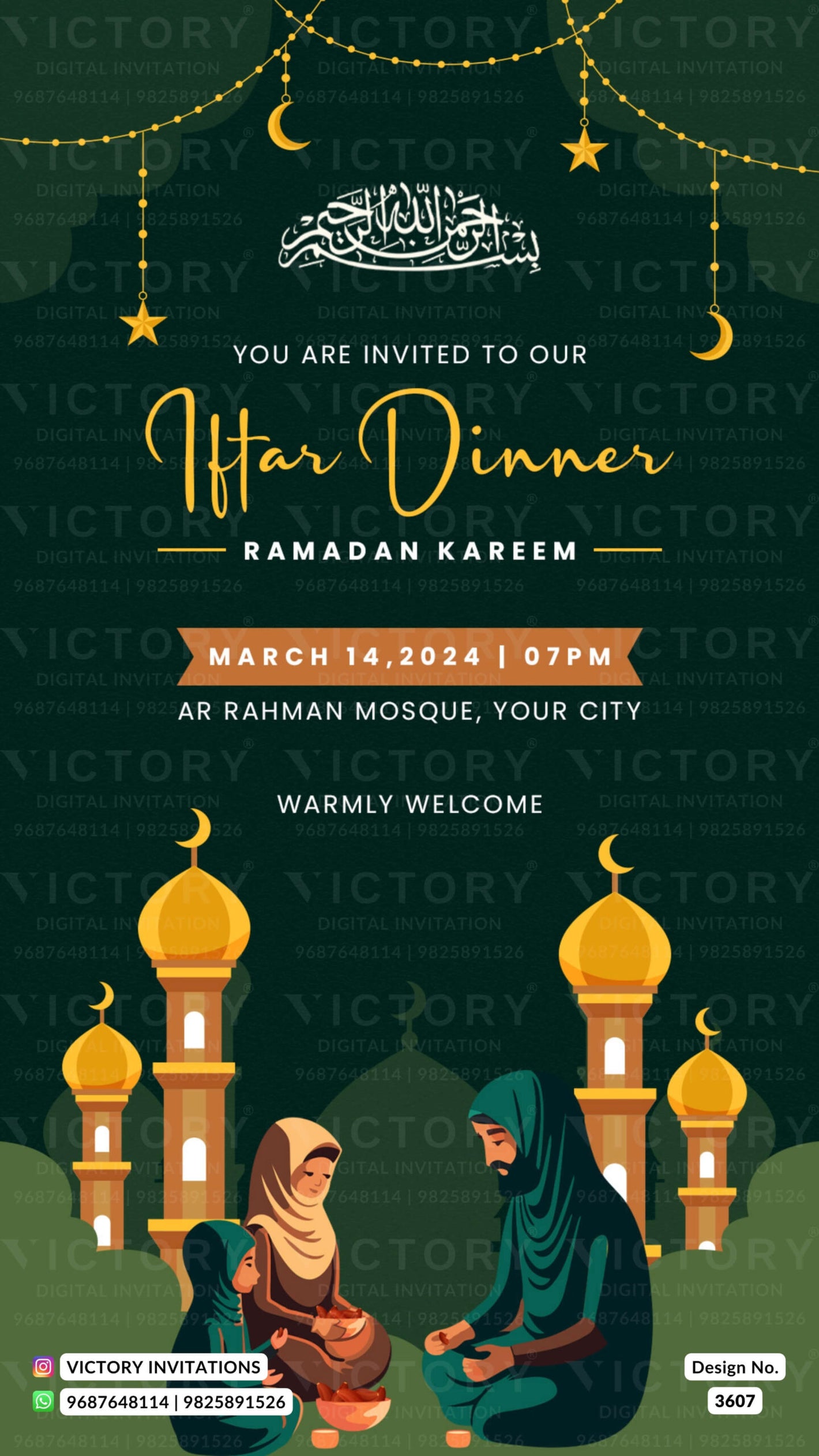 Iftar Party invitation card in english language with muslim family doodle, masjid as night view theme design 3607