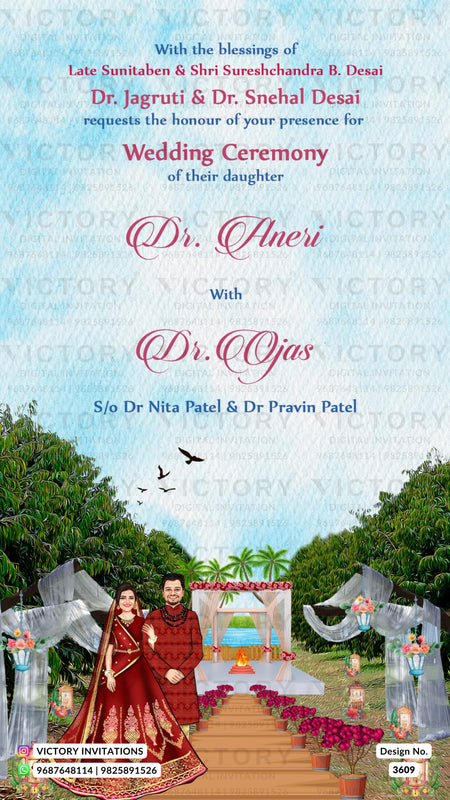 Traditional couple caricature invitation card for wedding ceremony of gujarati patel family in english language with garden theme design 3609
