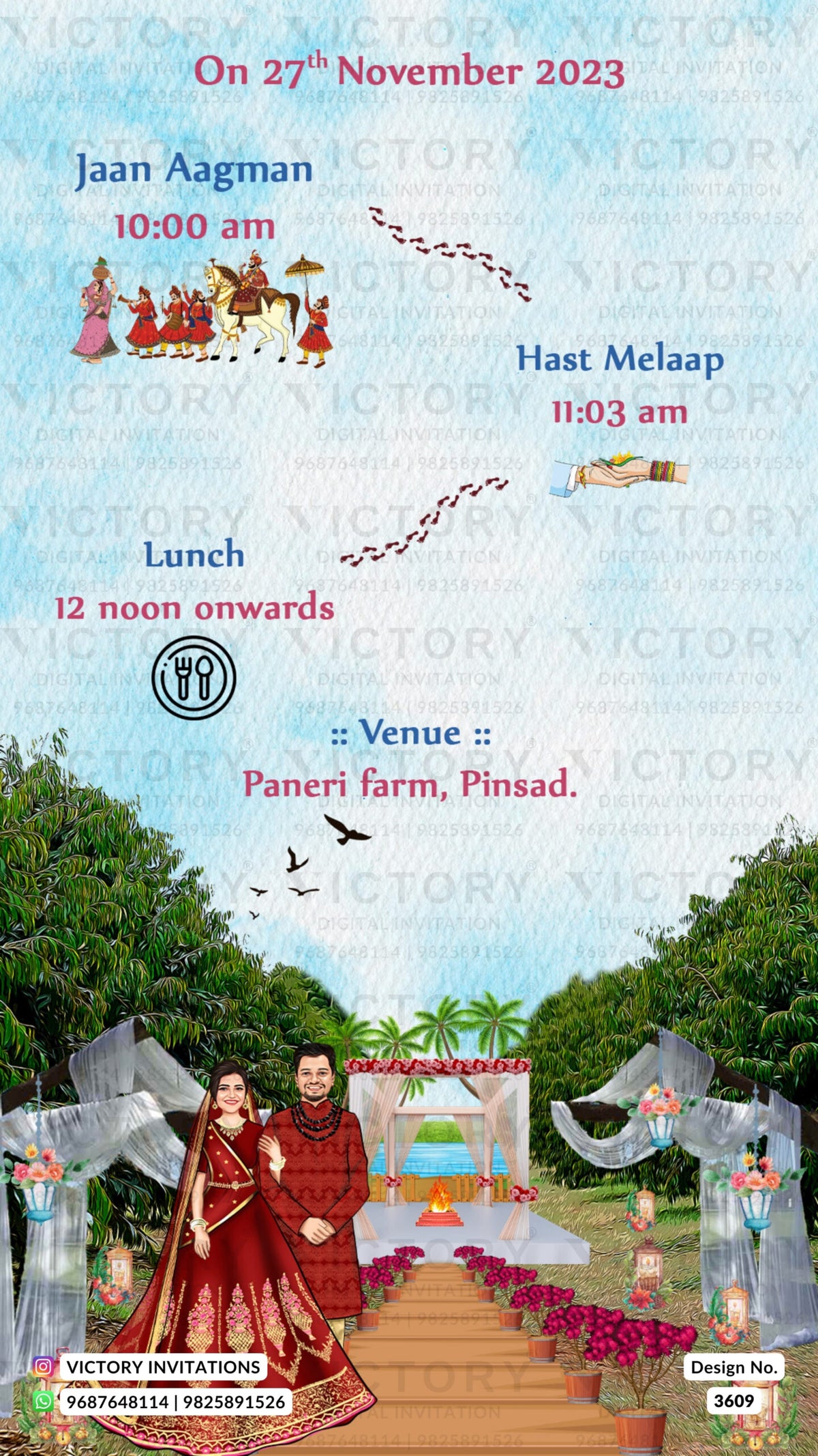 Traditional couple caricature invitation card for wedding ceremony of gujarati patel family in english language with garden theme design 3609