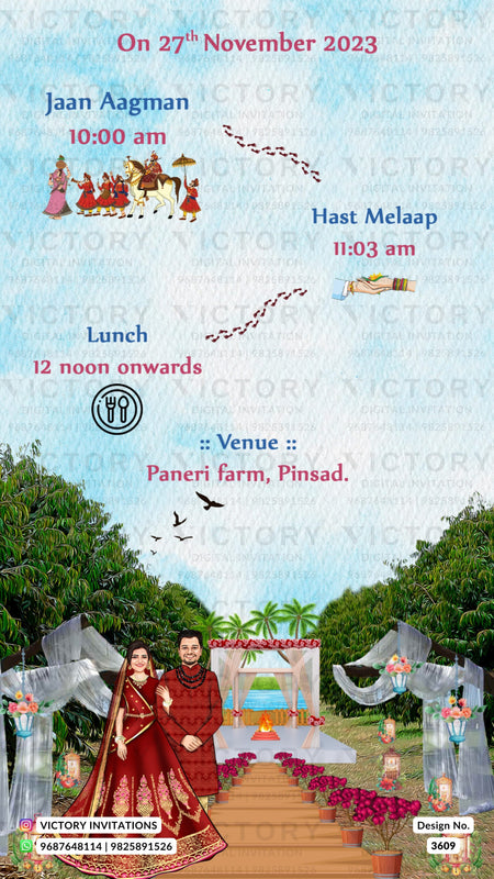 Traditional couple caricature invitation card for wedding ceremony of gujarati patel family in english language with garden theme design 3609