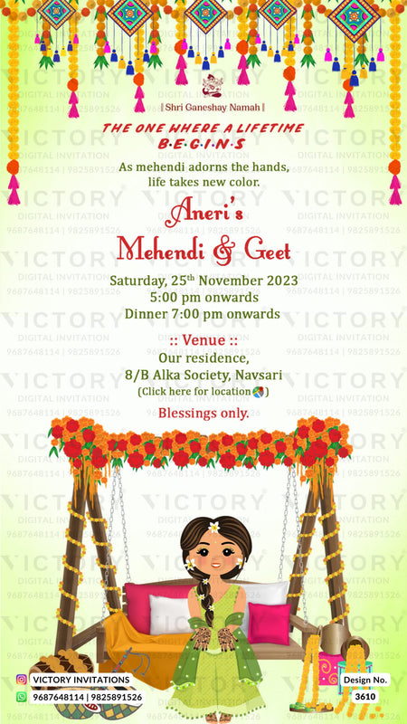 Mehendi ceremony invitation card in english language with swing, flowers, tabla as traditional theme design 3610