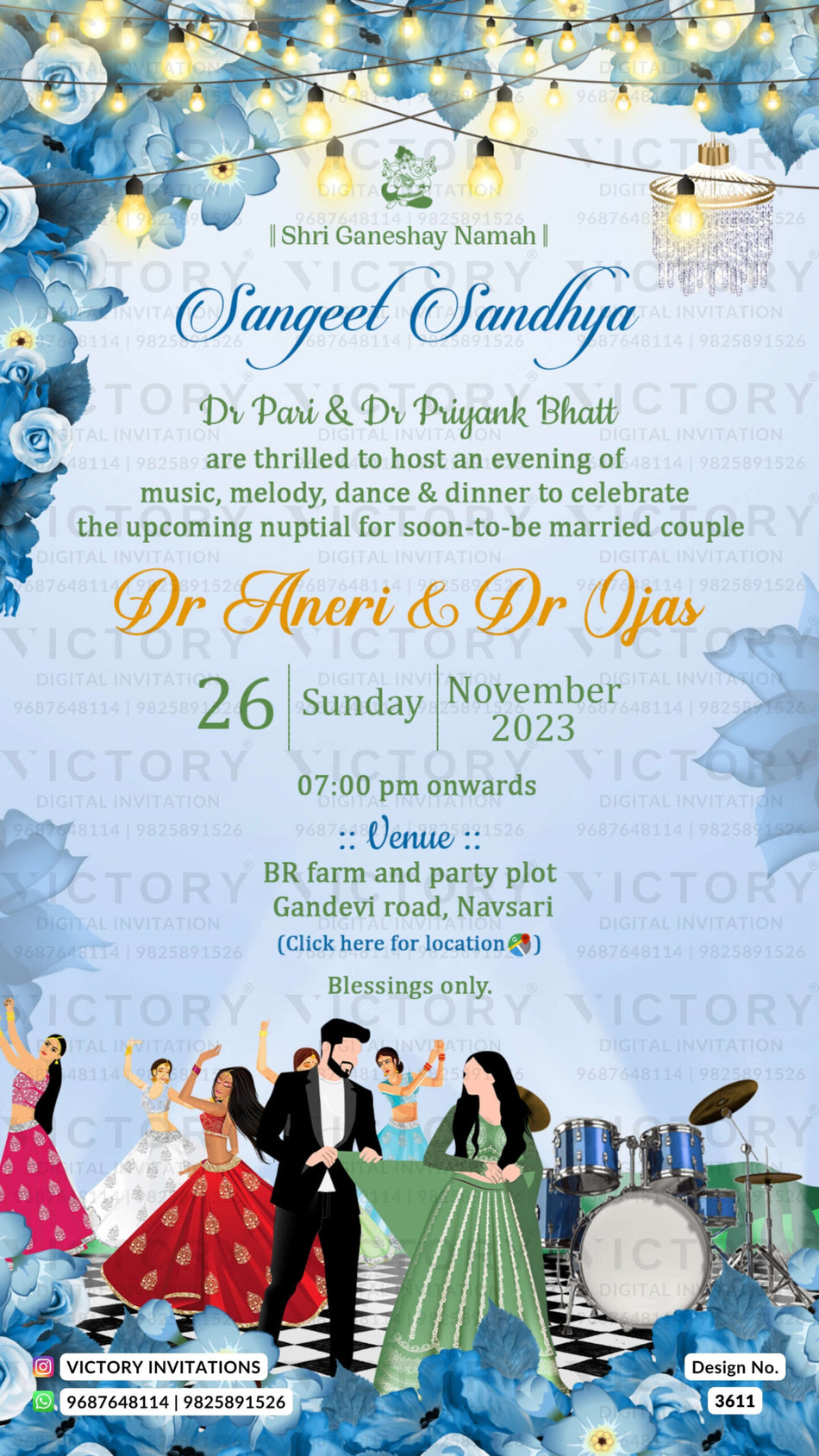 Sangeet Sandhya Ceremony invitation card in english language with flowers, drums as floral theme design 3611