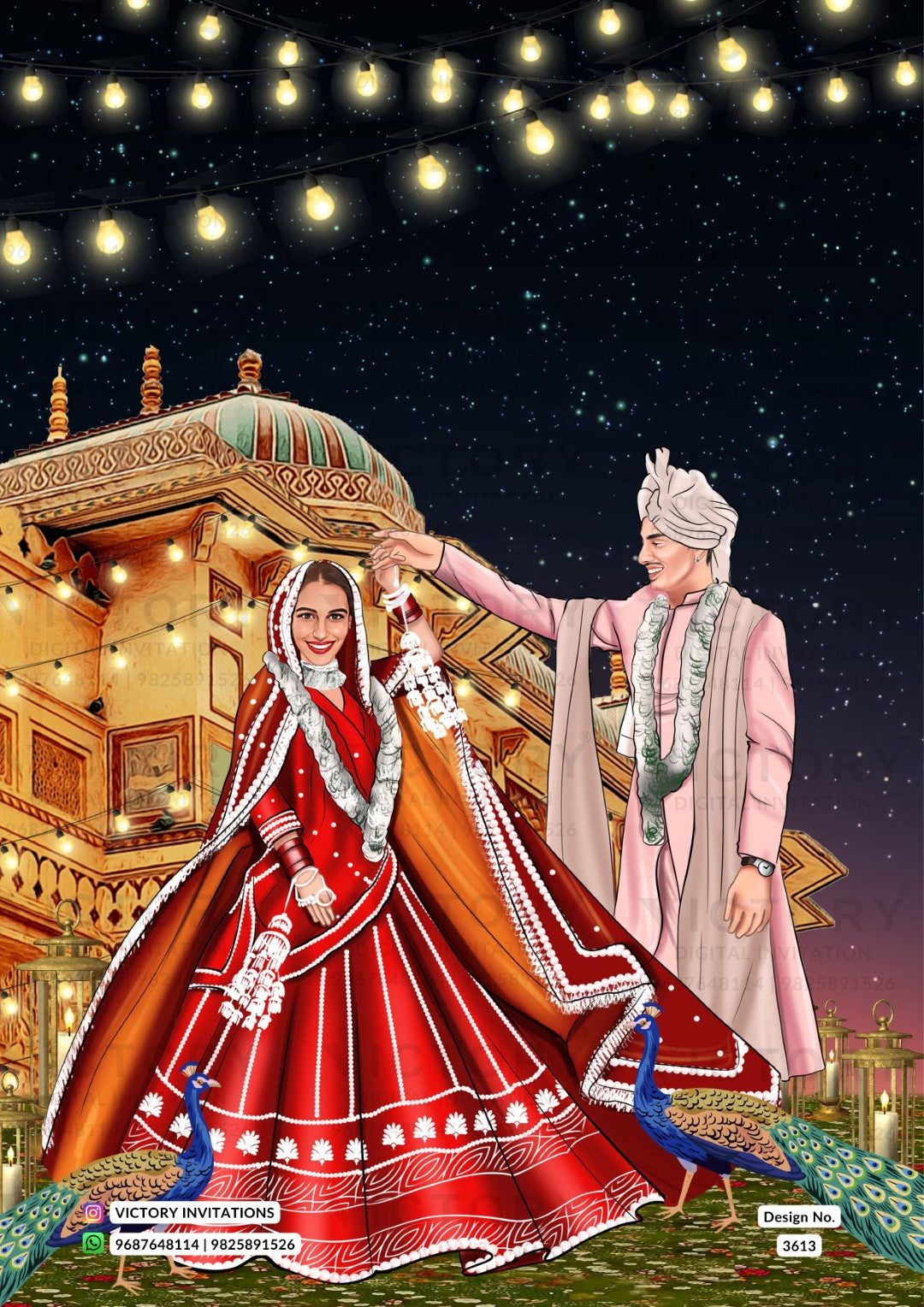 Glittery couple caricature invitation card for wedding ceremony of hindu gujarati patel family in english language with traditional theme design 3613