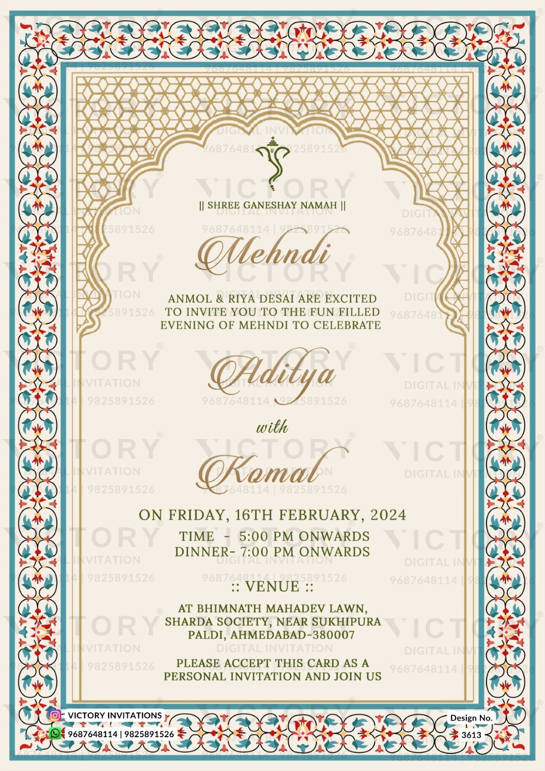 Glittery couple caricature invitation card for wedding ceremony of hindu gujarati patel family in english language with traditional theme design 3613
