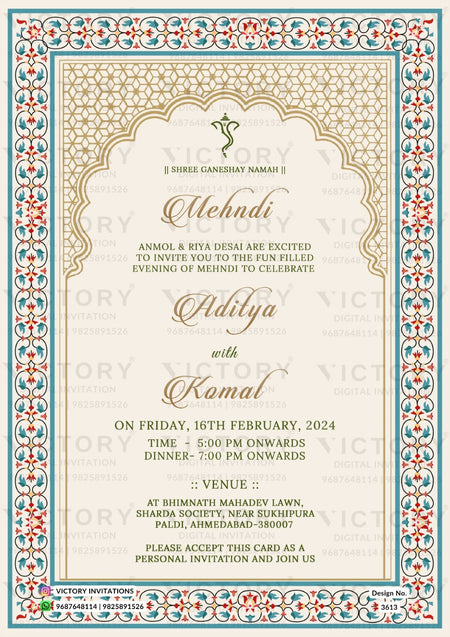 Glittery couple caricature invitation card for wedding ceremony of hindu gujarati patel family in english language with traditional theme design 3613